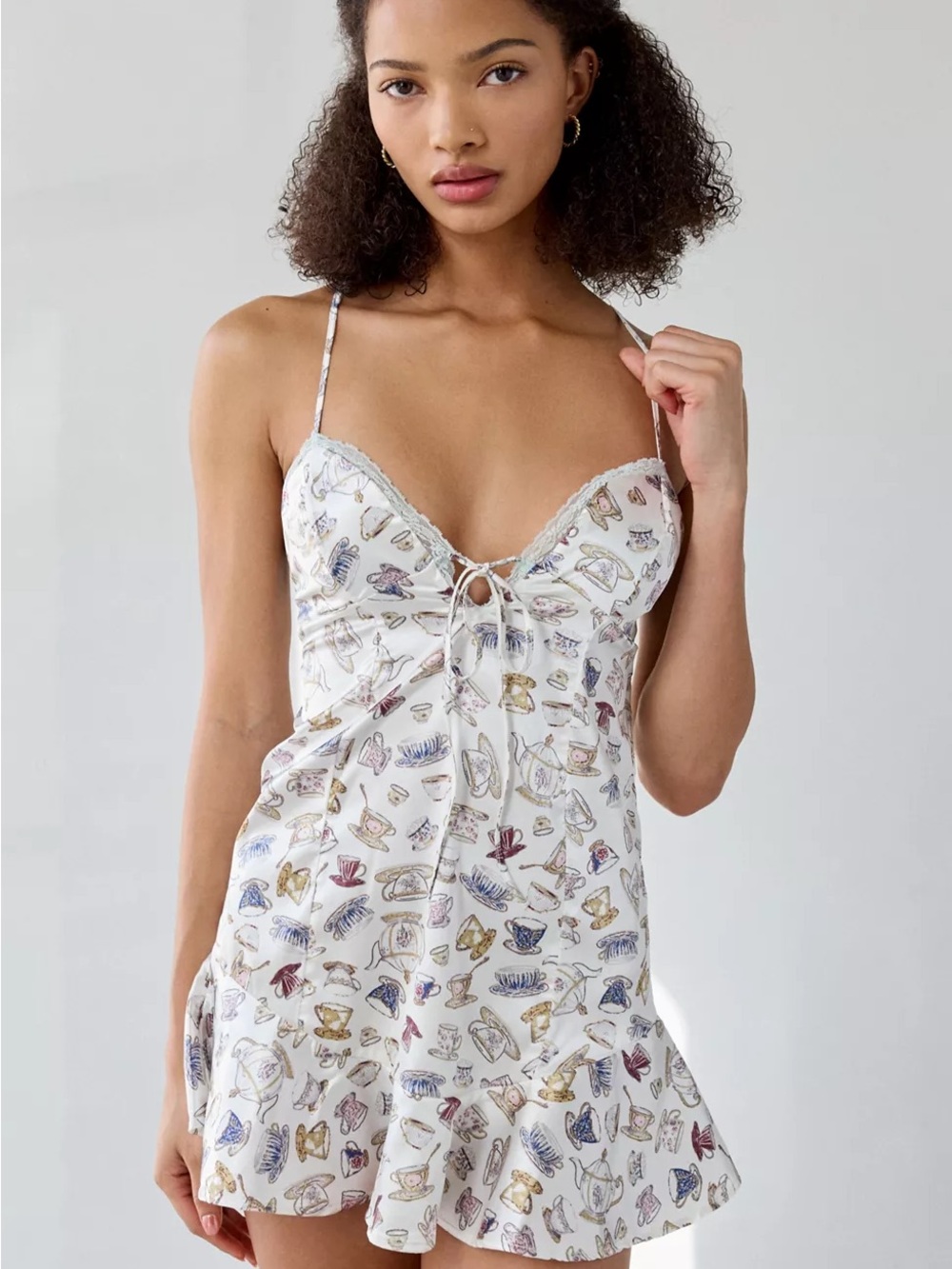 Urban Outfitters White Satin Tea Cup Print Slip Dress